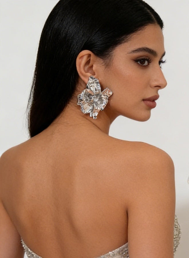 أقراط زهرة كبيرة فنتاج فضية مطلية بالذهب للنساء فاخرة مع علبة هدايا وحقيبة مخملية للحفل اليومي - Image 5